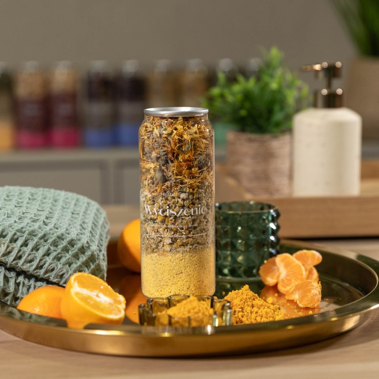 Wyciszenie – zioła do kąpieli z nagietkiem i rumiankiem w puszce Herbal SPA na złotej tacy